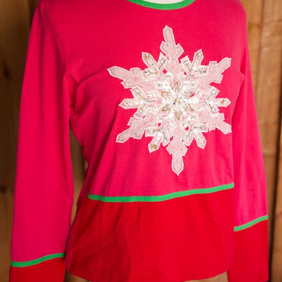 Vintage Y2K Michael Simon Beaded Snowflake Pink & Red Holiday Long Sleeve Shirt - Picture 11 of 16